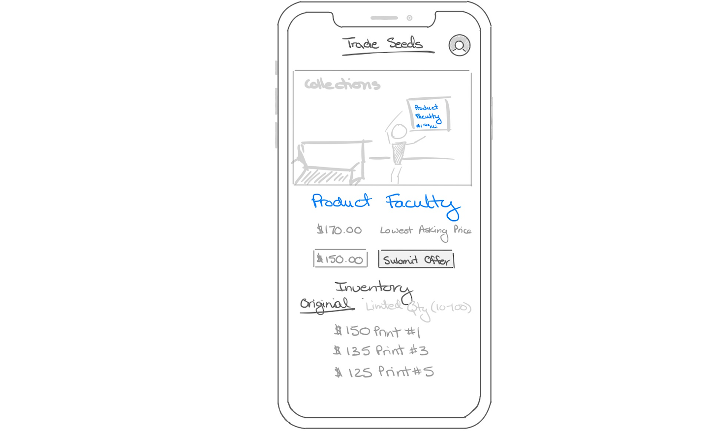 Wireframe sketch of mobile app