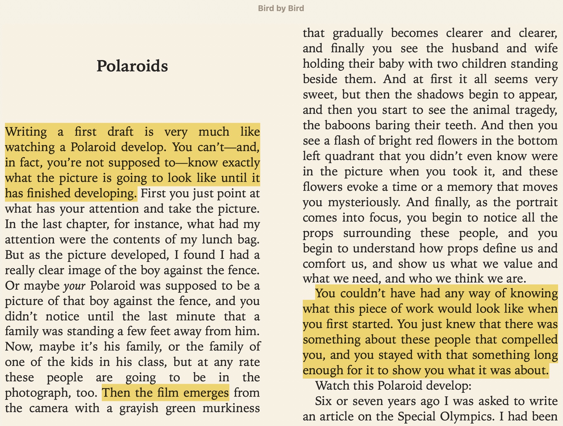 Writing a first draft is very much like watching a Polaroid develop. You can't—and, in fact, you're not supposed to—know exactly what the picture is going to look like until it has finished developing...Then the film emerges... "You couldn't have had any way of knowing what this piece of work would look like when you first started. You just knew that there was something about these people that compelled you, and you stayed with that something long enough for it to show you what it was about.